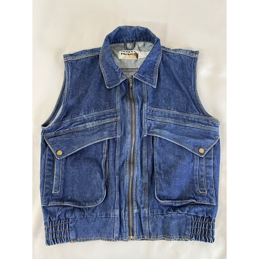 Sierra Pacific Vest Mens Medium Blue Denim Quilted Utility Multi Pocket Full Zip